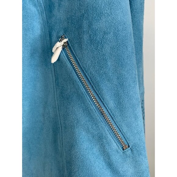 Chicos Blue Faux Suede Perforated Ruffle Jacket Size 12 L New RH10190 NWT - Picture 4 of 9